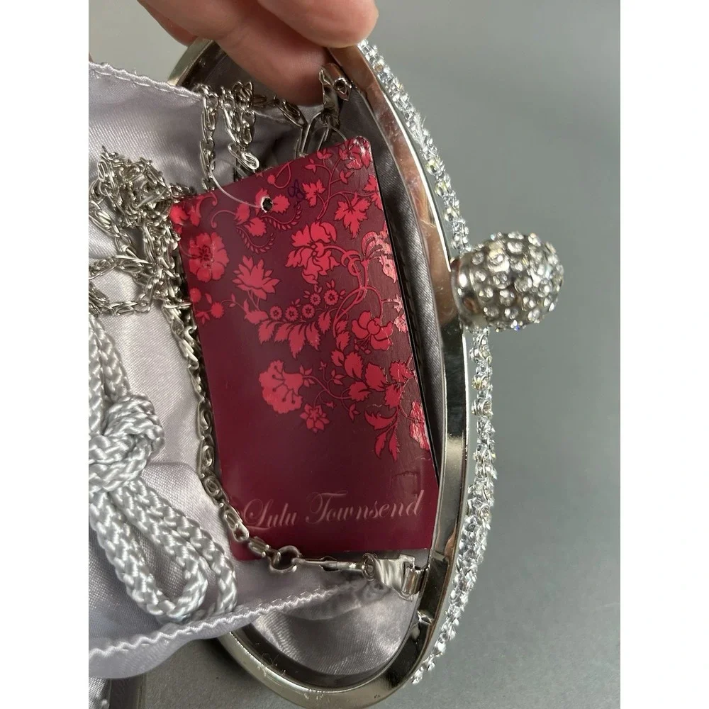 Lulu Townsend Silver Crystal Rhinestone Oval Evening Clutch Purse Chain NWT